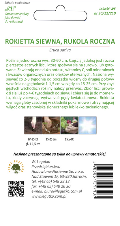 Rukola jednoroczna Rucola Rokietta siewna 0,5g (Eruca sativa)