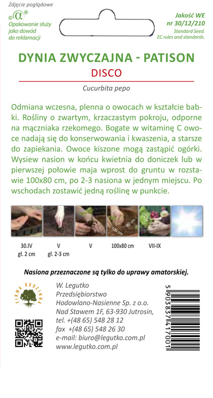 Patison Dynia zwyczajna DISCO białokremowy 3g (Cucurbita pepo)