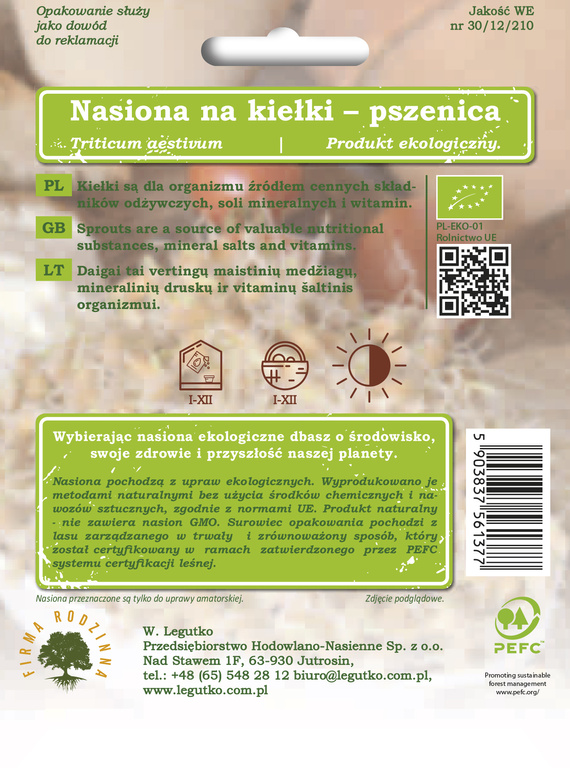 Nasiona na kiełki PSZENICA ZWYCZAJNA 30g BIO