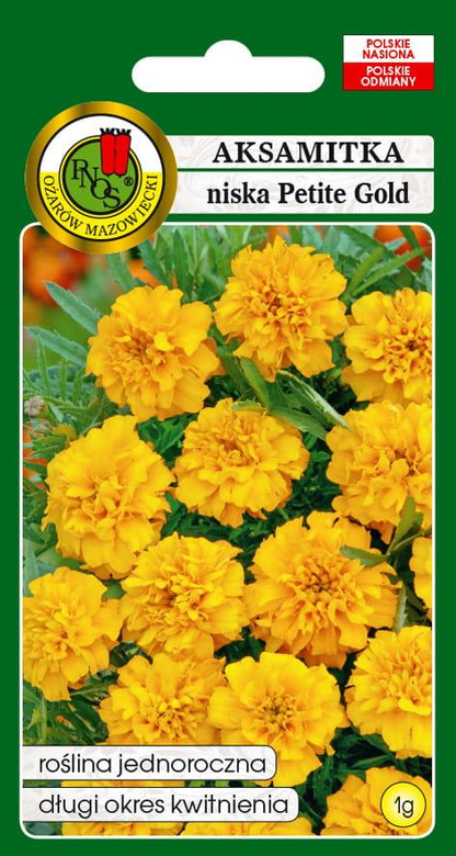 Petite Gold low-growing marigold with a velvety texture and a golden-yellow color, 1g.